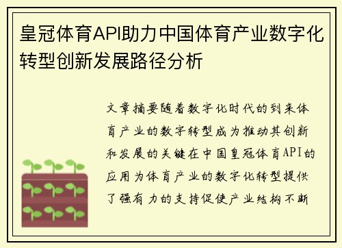 皇冠体育API助力中国体育产业数字化转型创新发展路径分析